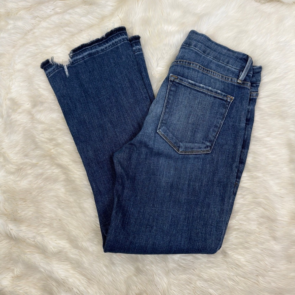 FRAME Denim Le Crop Mini Boot Roberts Jeans Dark Wash Distressed Raw Hem 26 - Picture 4 of 10